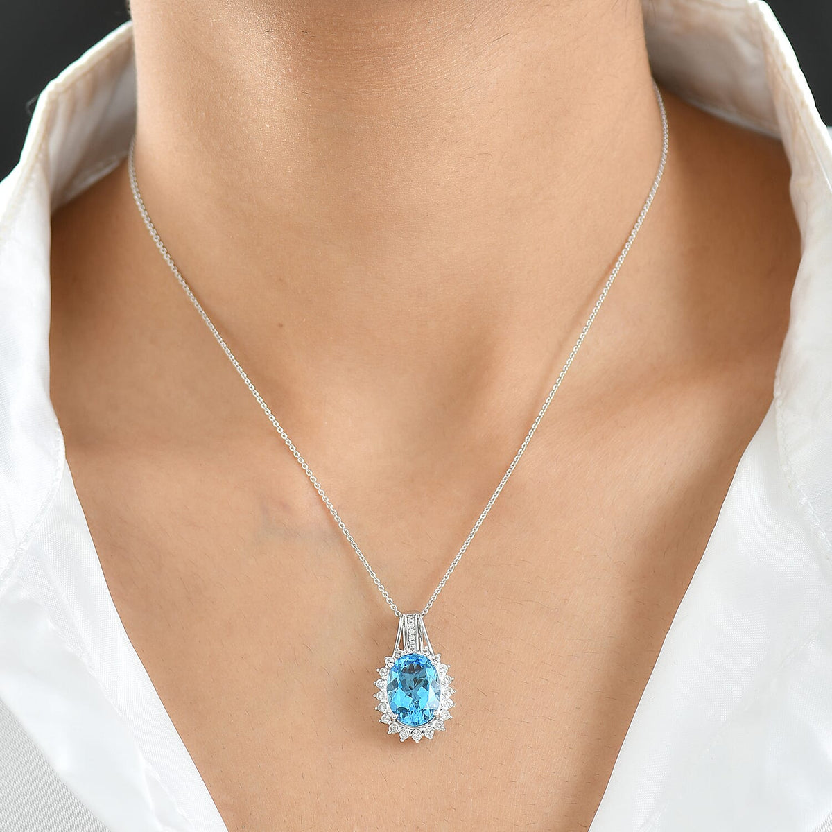 Swiss Blue Topaz &amp; White Zircon Halo Pendant with Chain (Size 20) in Rhodium Overlay Sterling Silver 7.75 Ct, Silver Wt. 5.00 Gms. 4439458 3