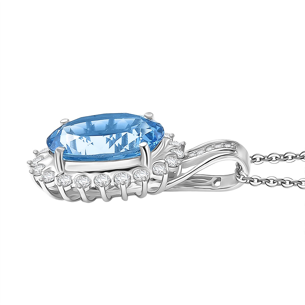 Swiss Blue Topaz &amp; White Zircon Halo Pendant with Chain (Size 20) in Rhodium Overlay Sterling Silver 7.75 Ct, Silver Wt. 5.00 Gms. 4439458 4