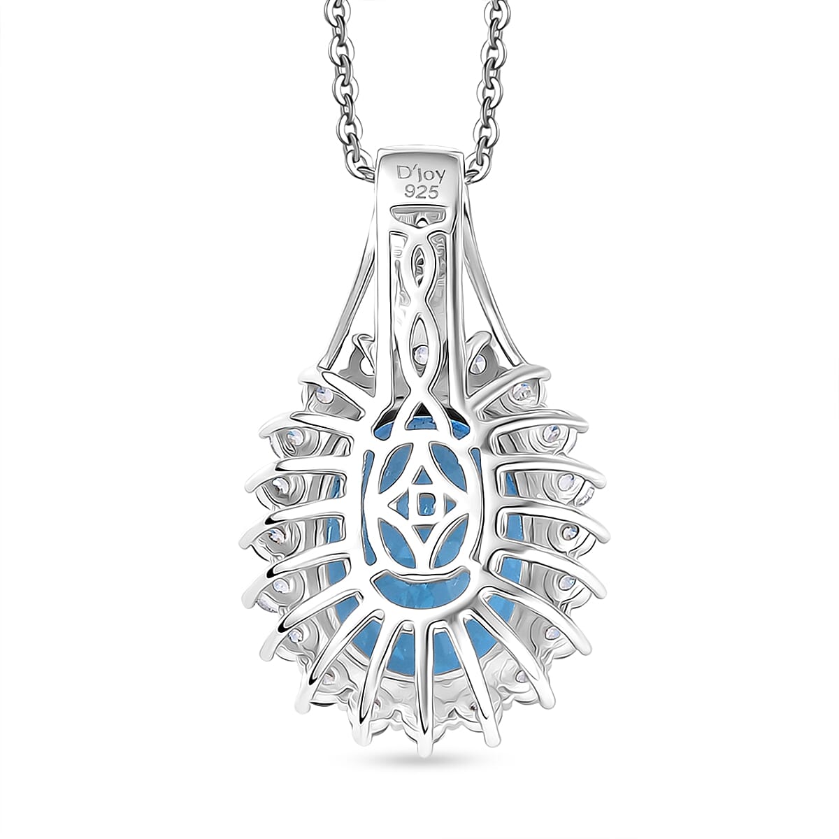 Swiss Blue Topaz &amp; White Zircon Halo Pendant with Chain (Size 20) in Rhodium Overlay Sterling Silver 7.75 Ct, Silver Wt. 5.00 Gms. 4439458 5
