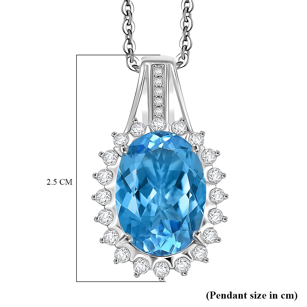 Swiss Blue Topaz &amp; White Zircon Halo Pendant with Chain (Size 20) in Rhodium Overlay Sterling Silver 7.75 Ct, Silver Wt. 5.00 Gms. 4439458 6