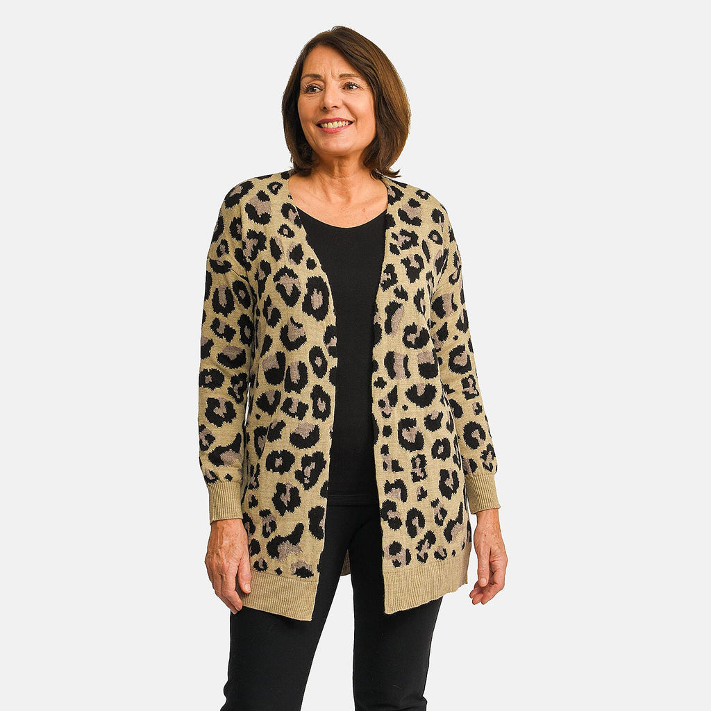 TAMSY 100% Acrylic Leopard Print Cardigan (Size L) - Grey and Black