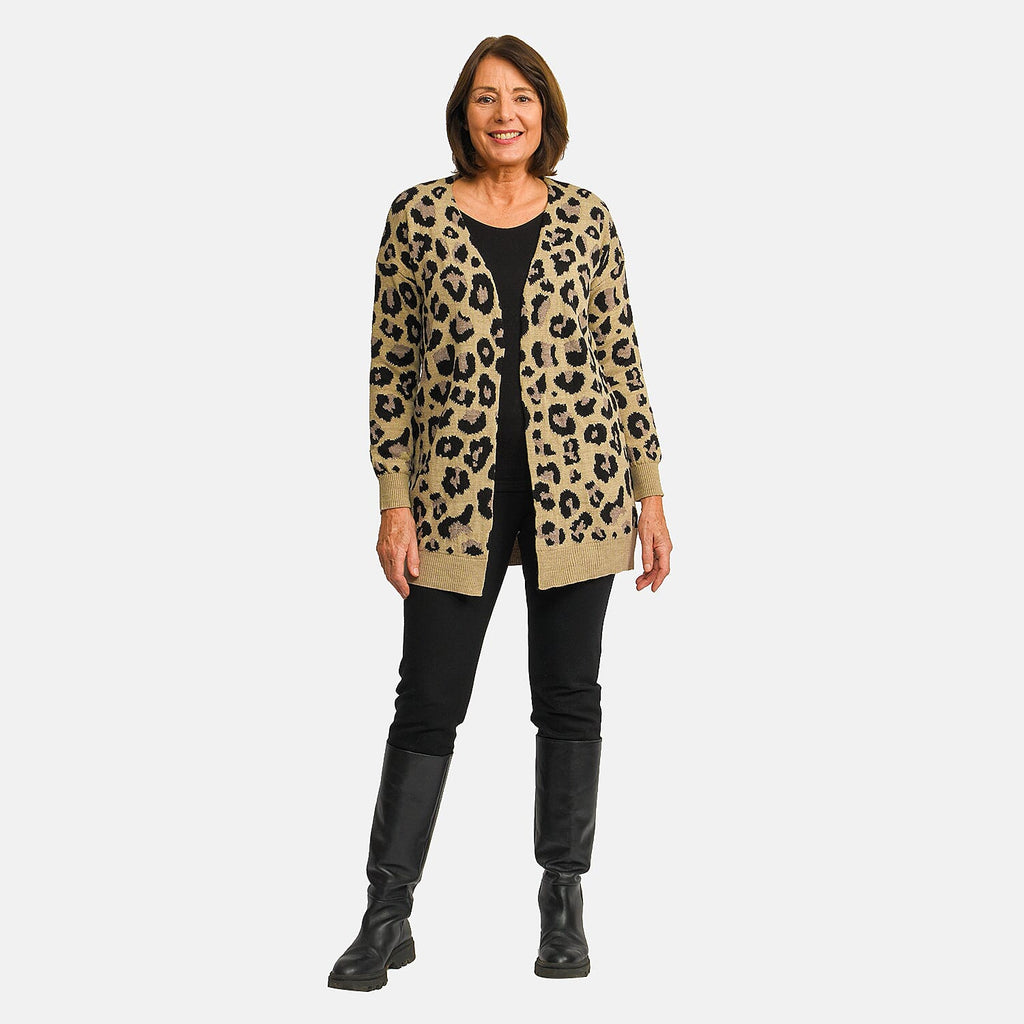 TAMSY 100% Acrylic Leopard Print Cardigan (Size L) - Grey and Black