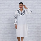 TAMSY 100% Cotton Embroidered V Neck Dress (Size XXL) - White