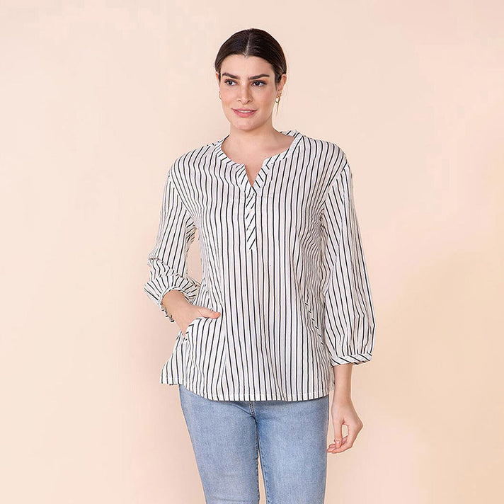 TAMSY 100% Cotton Vertical Stripe Pattern Shirt - Black and White 7597025 1