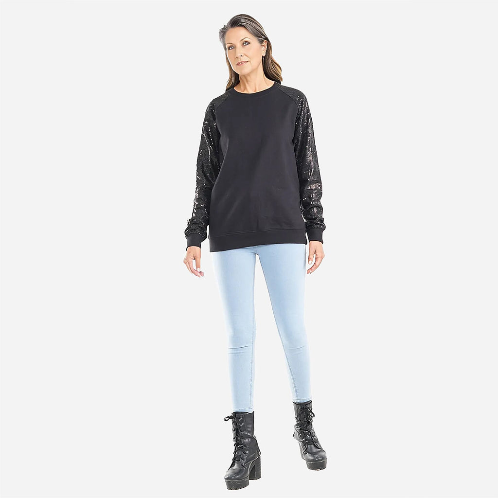 TAMSY 100% Cotton Sequin Sleeve Fleece Sweatshirt (Size XL) - Black