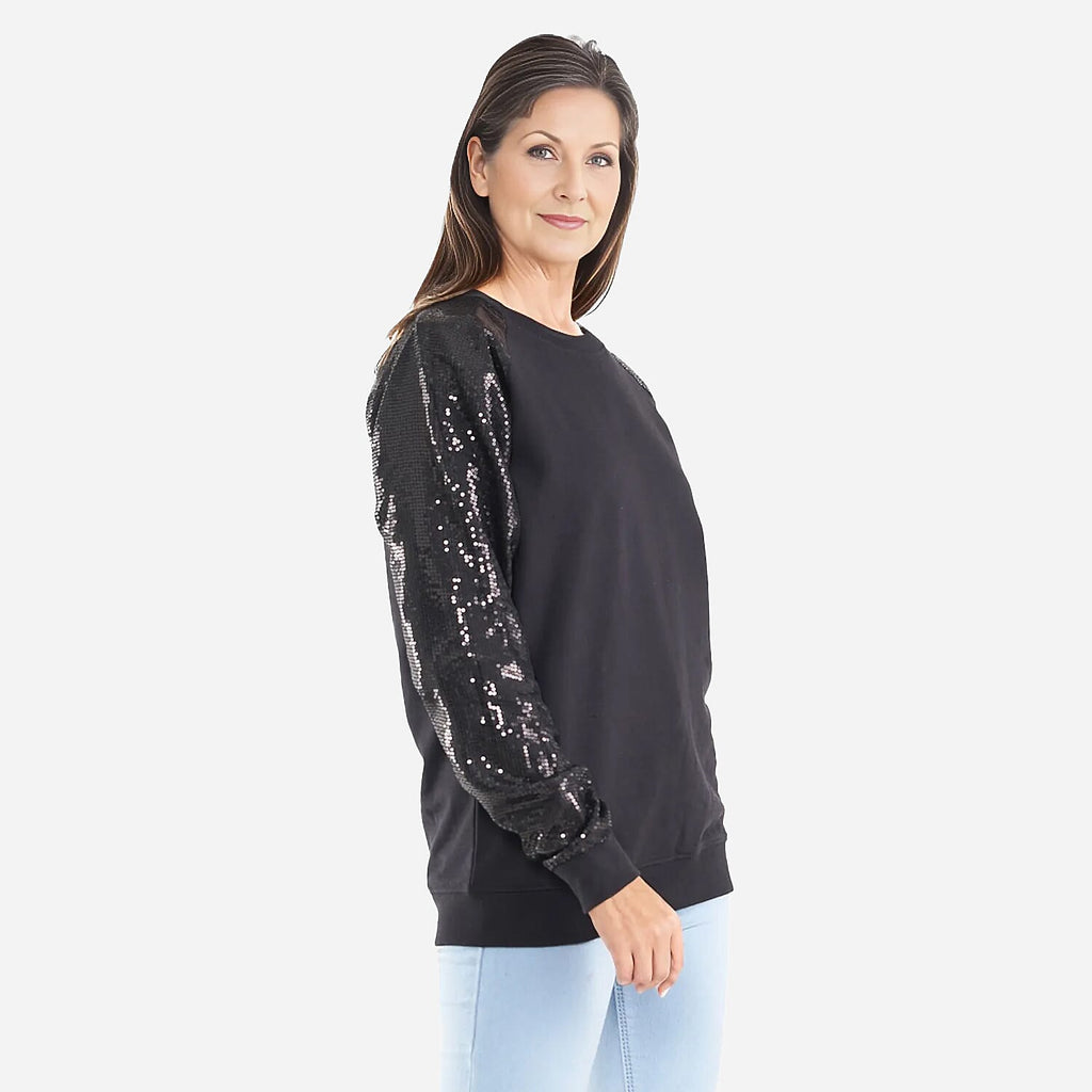 TAMSY 100% Cotton Sequin Sleeve Fleece Sweatshirt (Size XL) - Black