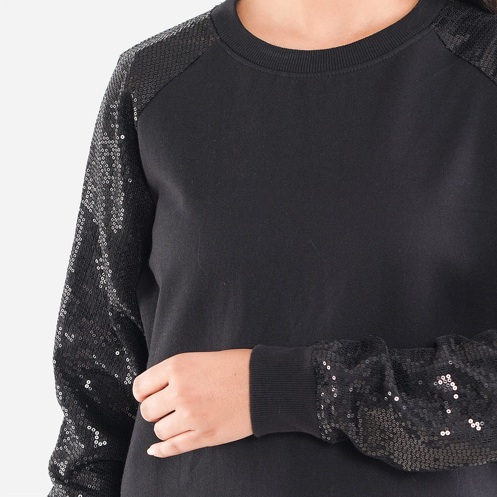 TAMSY 100% Cotton Sequin Sleeve Fleece Sweatshirt (Size XL) - Black