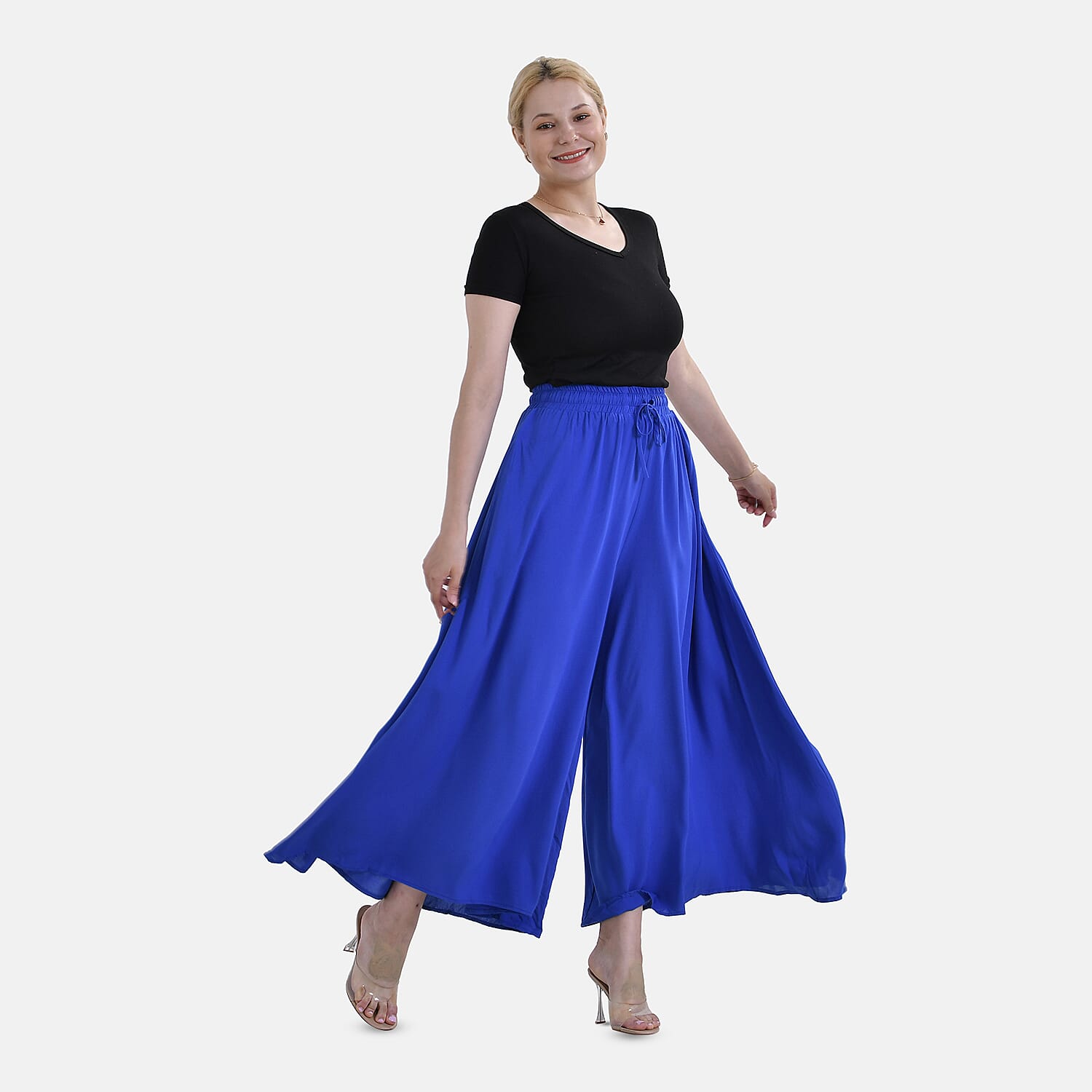TAMSY 100% Viscose Elastic- waistband Palazzo Trouser (One Size) - Blue 7792449 0