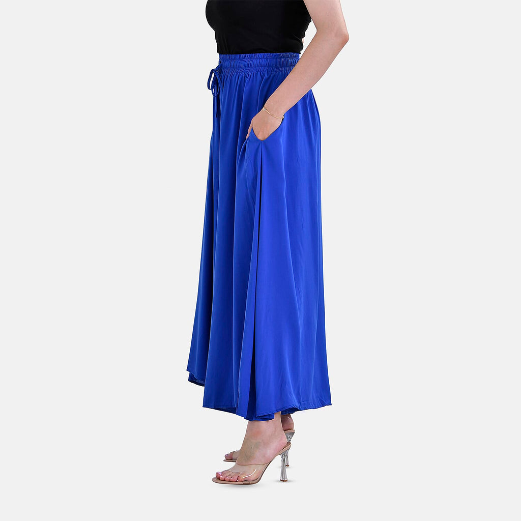 TAMSY 100% Viscose Elastic- waistband Palazzo Trouser (One Size) - Blue