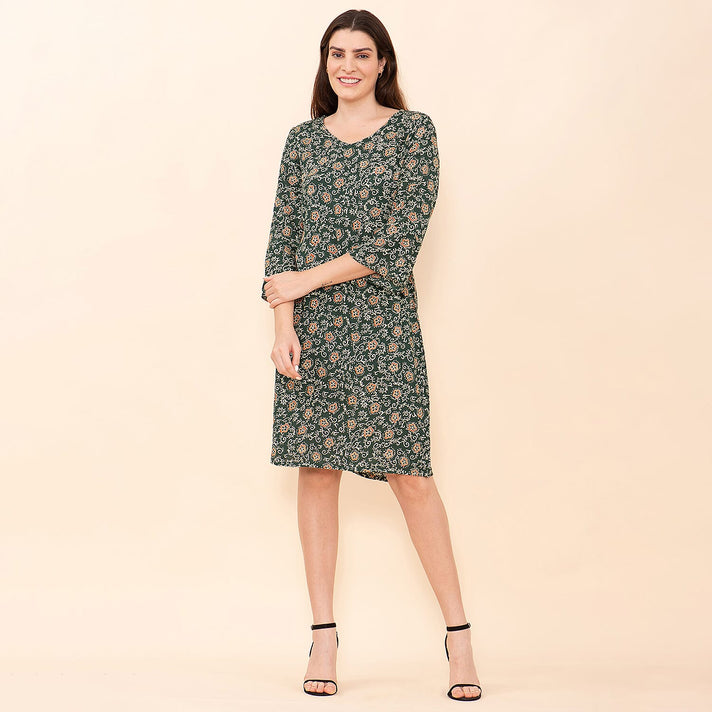TAMSY 100% Viscose Floral Pattern Midi Dress  - Dark Green 9058800 1