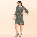 TAMSY 100% Viscose Floral Pattern Midi Dress (Size 12) - Dark Green