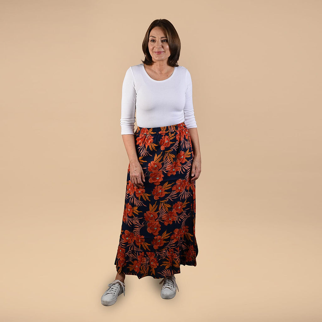 TAMSY 100% Viscose Floral Pattern Skirt (Size 12) - Black & Orange