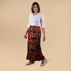 TAMSY 100% Viscose Floral Pattern Skirt (Size 12) - Black & Orange