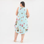 TAMSY 100% Viscose Floral Screen Printed Umbrella Dress (Size - One Size) - Sky Blue