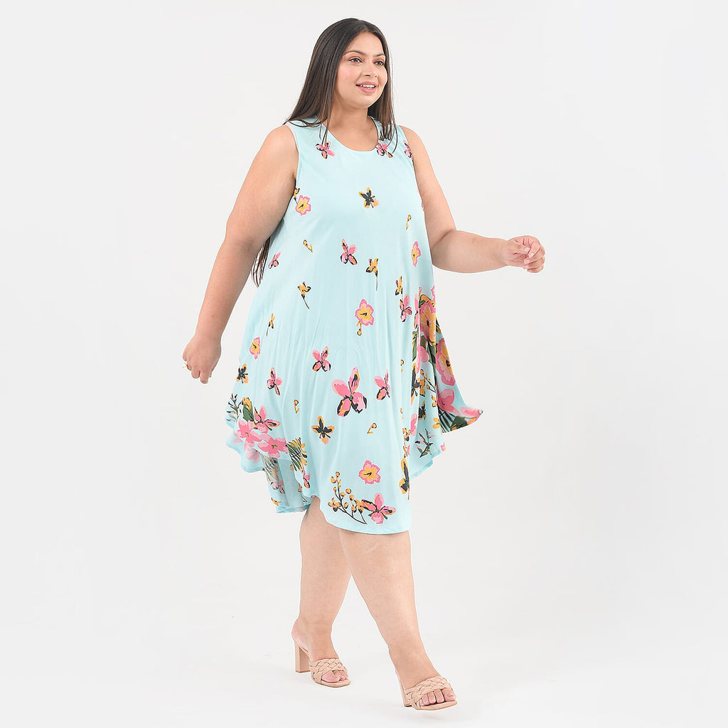 TAMSY 100% Viscose Floral Screen Printed Umbrella Dress (Size - One Size) - Sky Blue