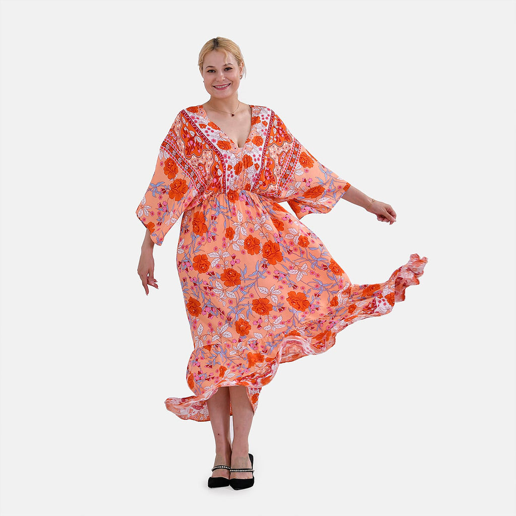 TAMSY 100% Viscose Mixed Printed Elastic Waist Maxi Dress (One Size) - Orange