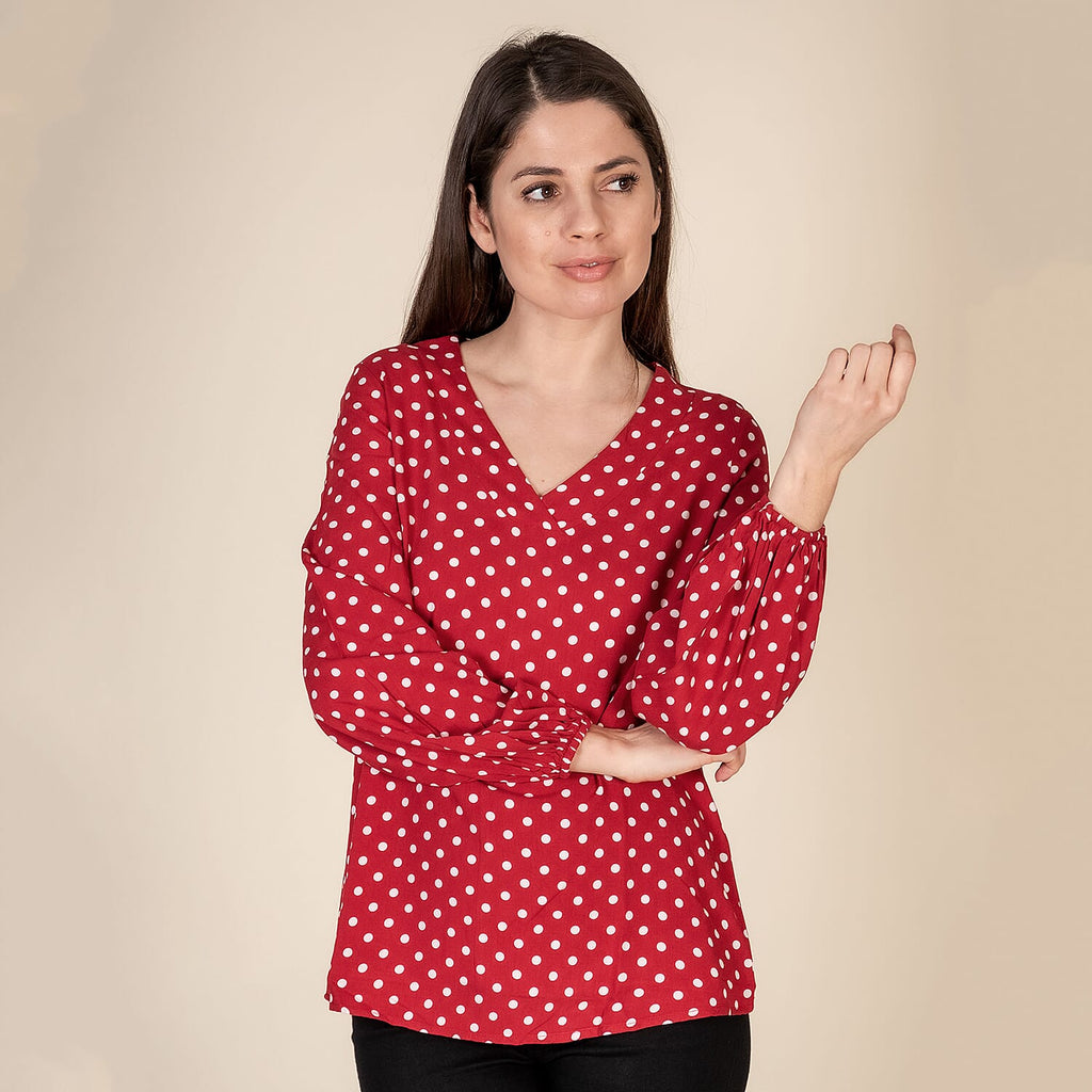 TAMSY 100% Viscose Polka Dot Pattern Top (Size M,12-14) - Red