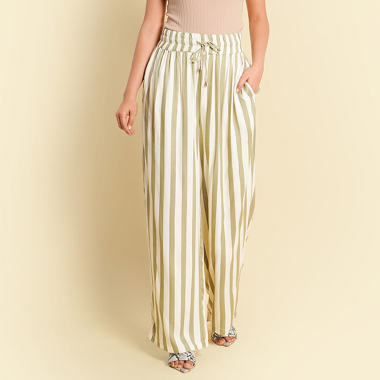 TAMSY 100% Viscose Stripe Pattern Palazzo - Olive Green and Off White 8729816 0