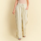 TAMSY 100% Viscose Stripe Pattern Palazzo (Size L) - Olive Green & Off White
