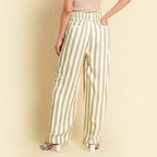 TAMSY 100% Viscose Stripe Pattern Palazzo (Size L) - Olive Green & Off White