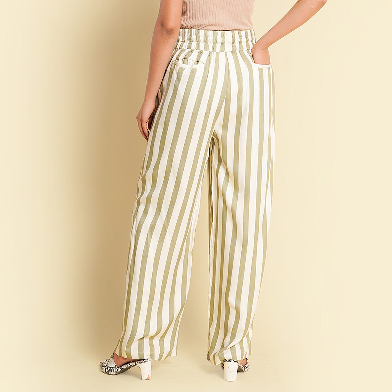 TAMSY 100% Viscose Stripe Pattern Palazzo - Olive Green and Off White 8729816 2