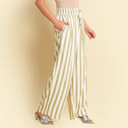 TAMSY 100% Viscose Stripe Pattern Palazzo (Size L) - Olive Green & Off White
