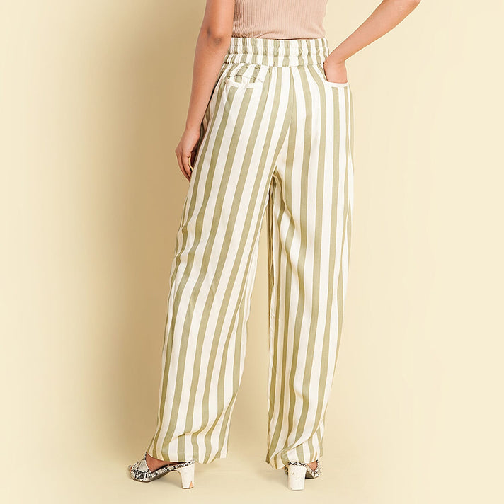 TAMSY 100% Viscose Stripe Pattern Palazzo - Olive Green and Off White 8730213 2