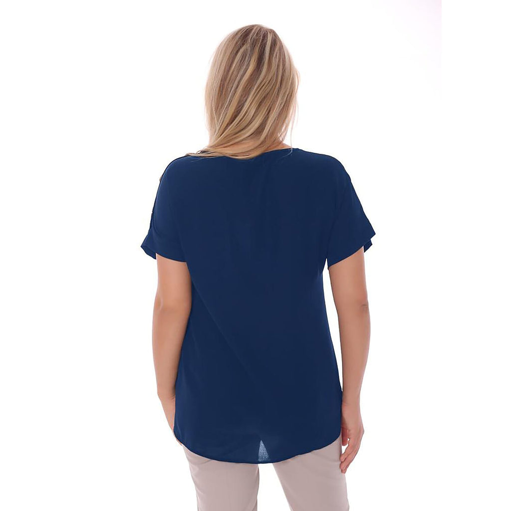 TAMSY Buttoned Womens Top (Size L,16-18) - Navy Blue