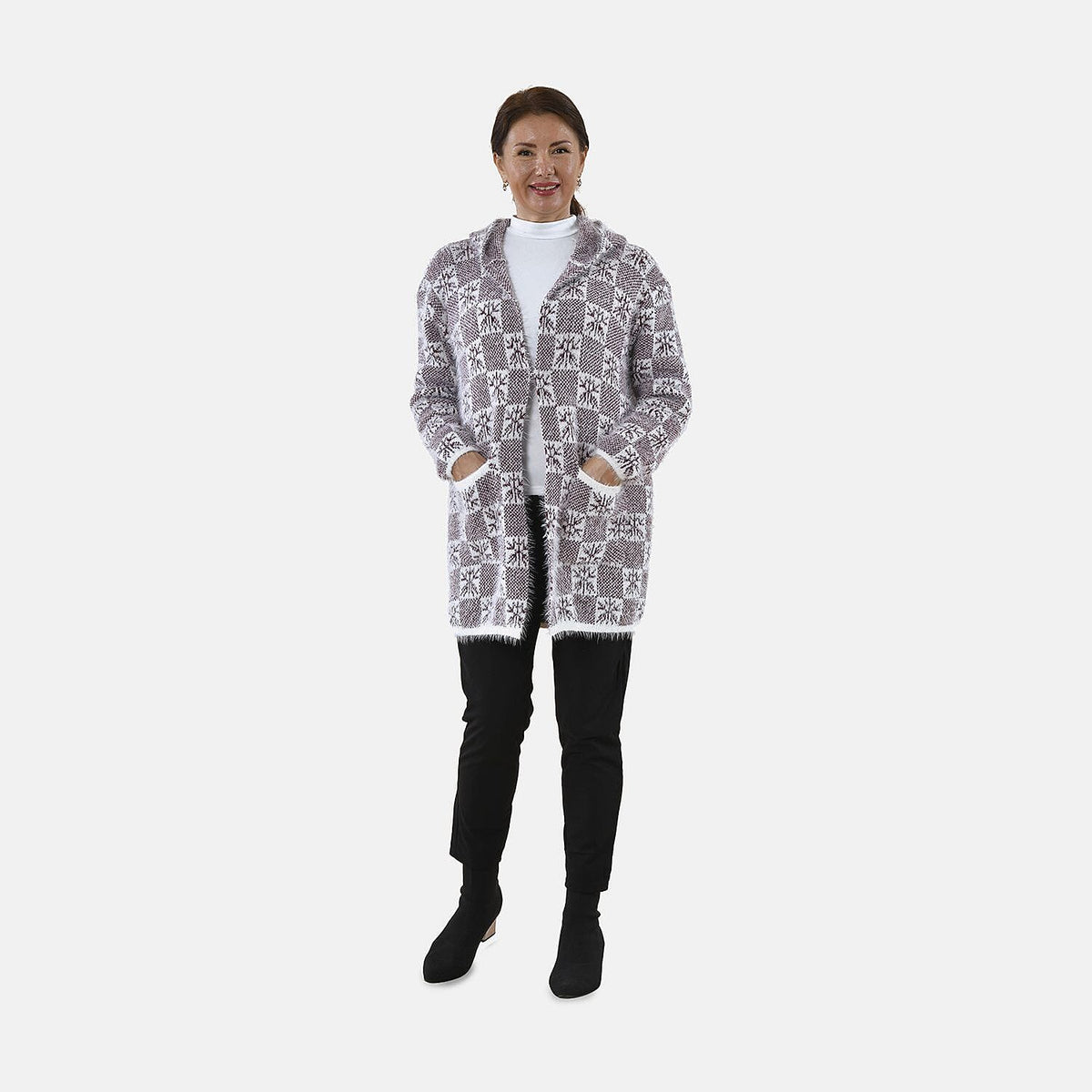 TAMSY Checker and Snowflake Pattern Hooded Eyelash Women's Coatigans with 2 Pockets - Burgundy 8861031 0