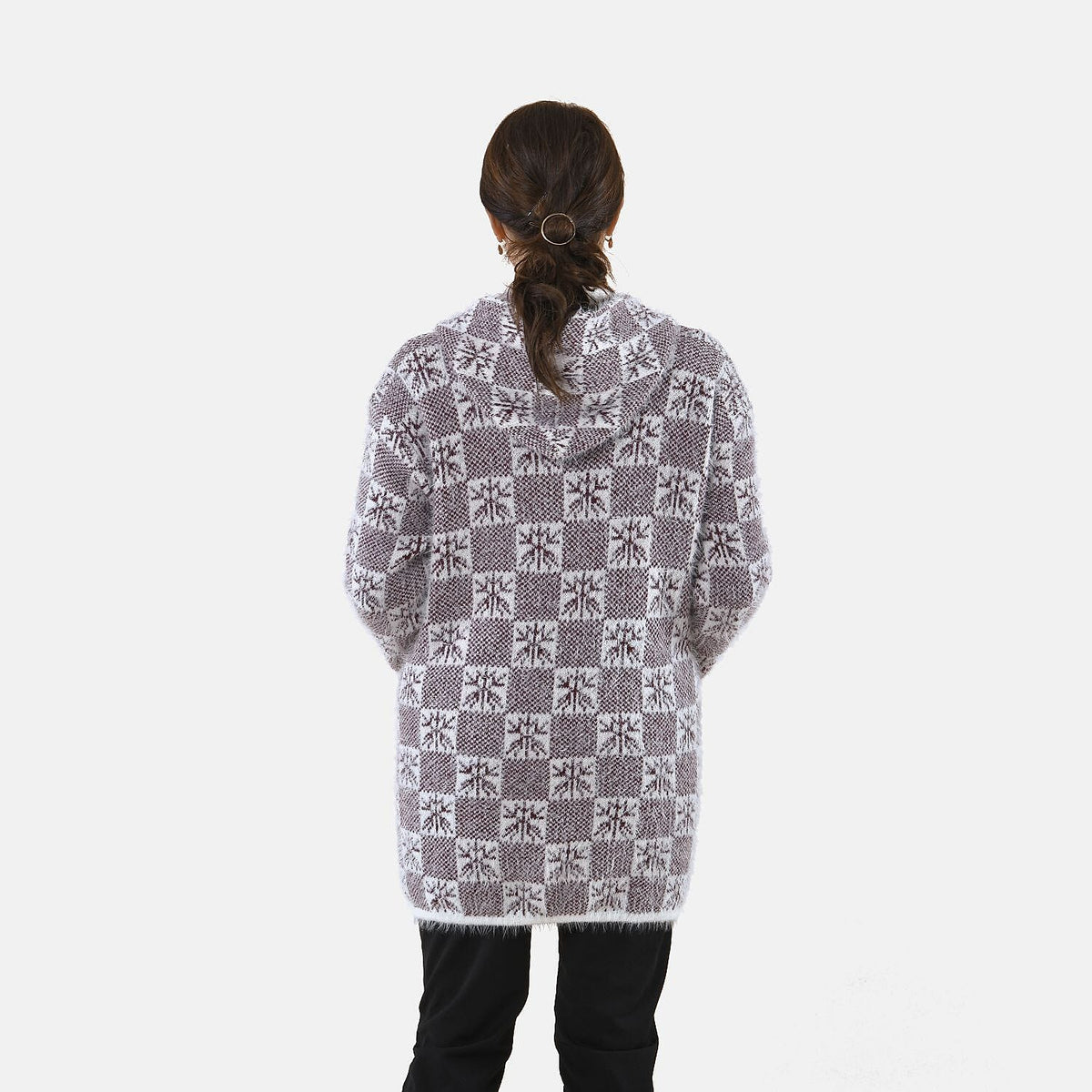 TAMSY Checker and Snowflake Pattern Hooded Eyelash Women's Coatigans with 2 Pockets - Burgundy 8861031 2