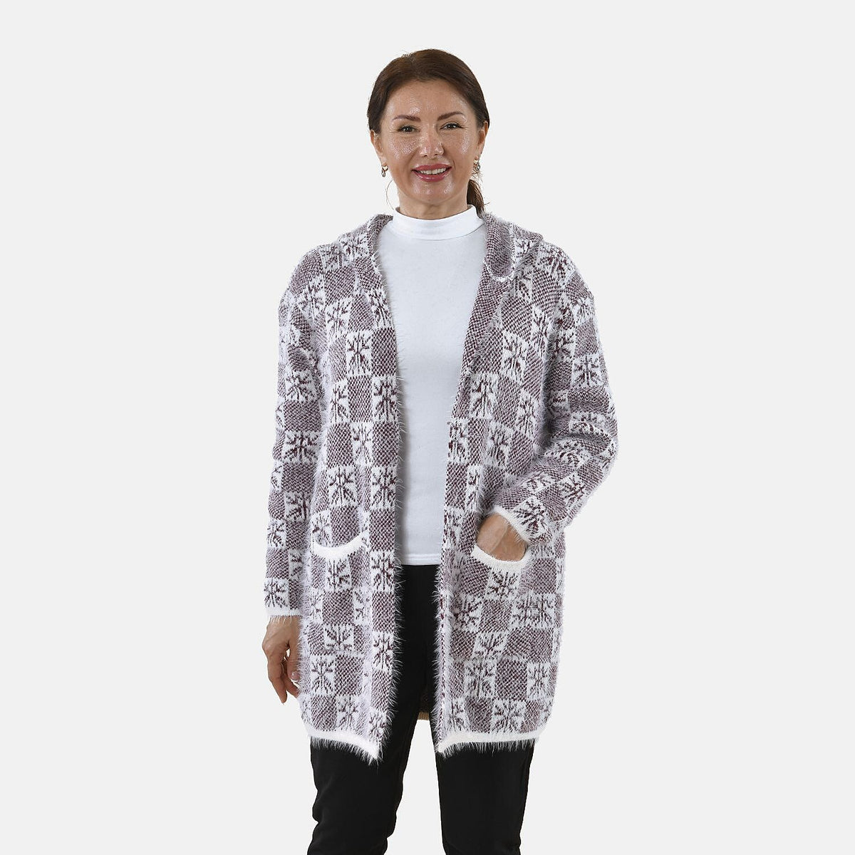 TAMSY Checker and Snowflake Pattern Hooded Eyelash Women's Coatigans with 2 Pockets - Burgundy 8861031 3