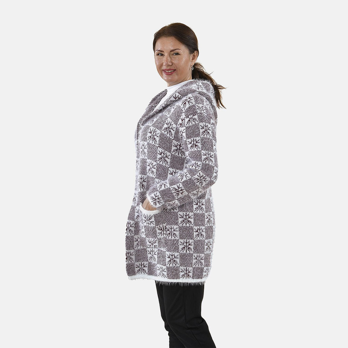 TAMSY Checker and Snowflake Pattern Hooded Eyelash Women's Coatigans with 2 Pockets - Burgundy 8861031 4