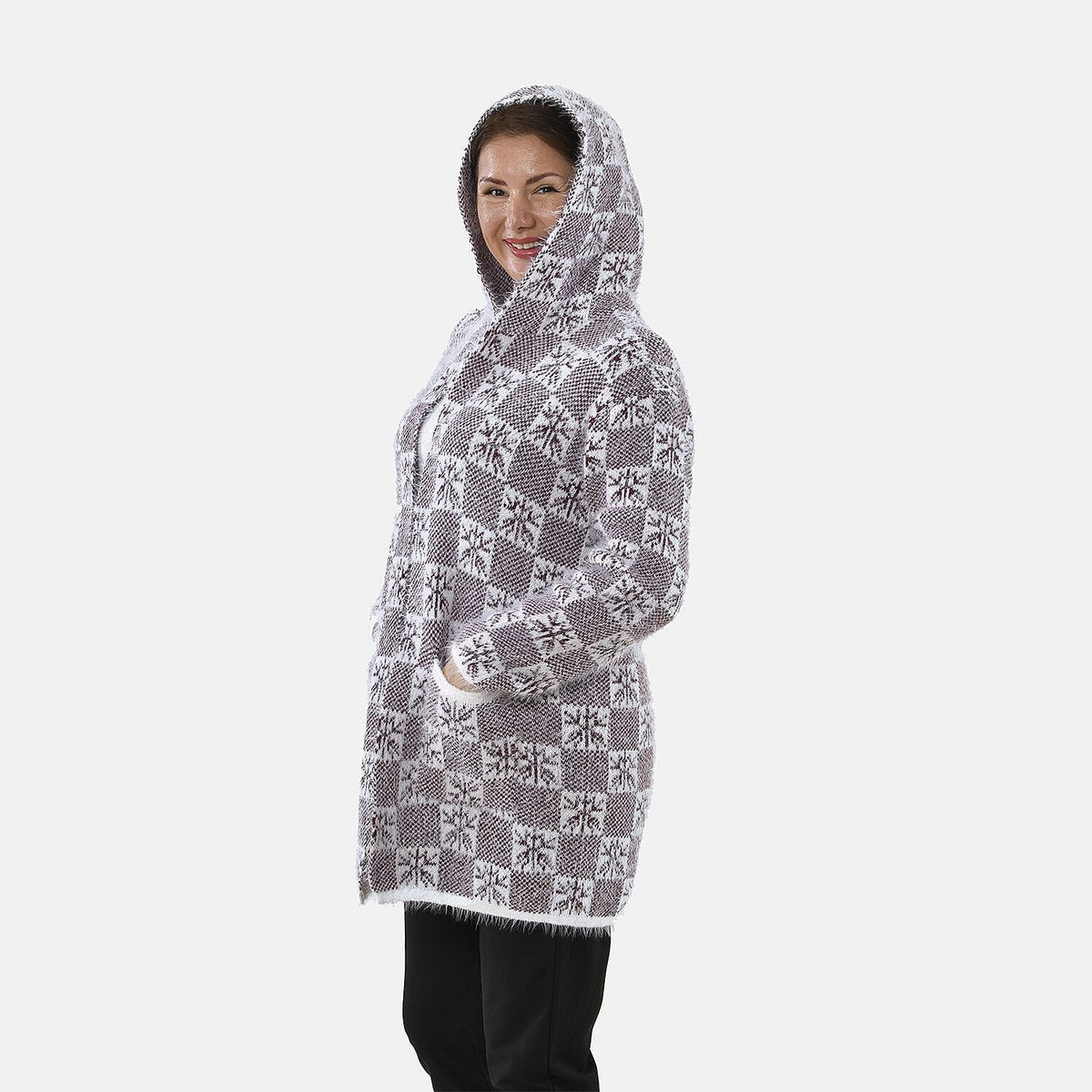 TAMSY Checker and Snowflake Pattern Hooded Eyelash Women's Coatigans with 2 Pockets - Burgundy 8861031 5