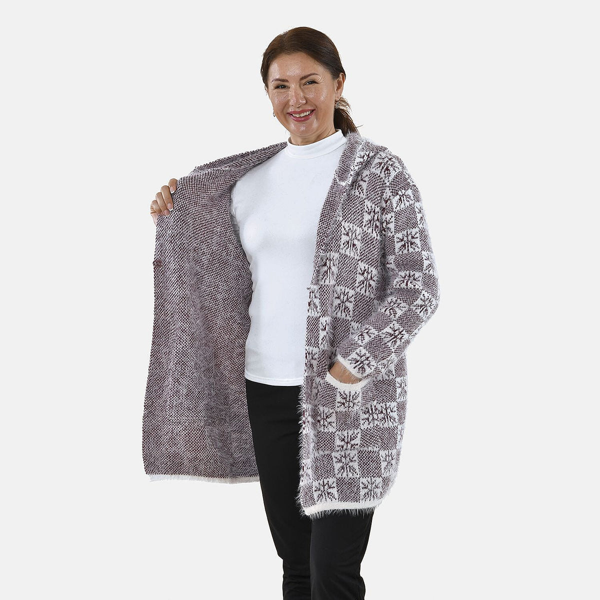 TAMSY Checker and Snowflake Pattern Hooded Eyelash Women's Coatigans with 2 Pockets - Burgundy 8861031 6