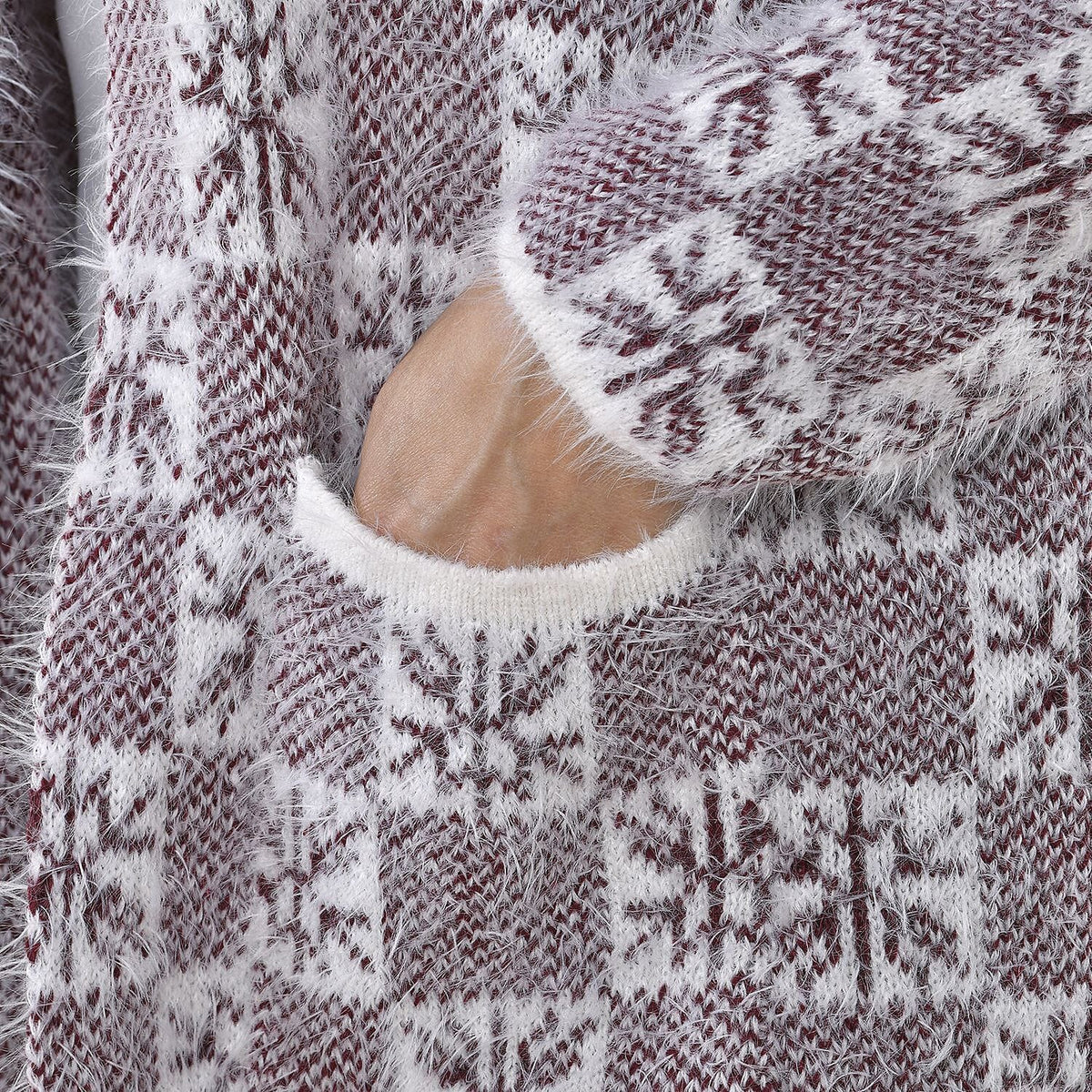 TAMSY Checker and Snowflake Pattern Hooded Eyelash Women's Coatigans with 2 Pockets - Burgundy 8861031 7