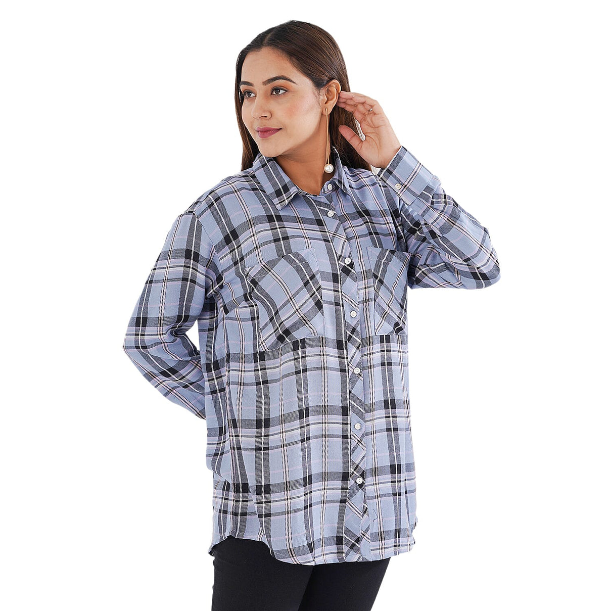 TAMSY Collared Neck Check Pattern Women's Shirt - Light blue 7308214 0