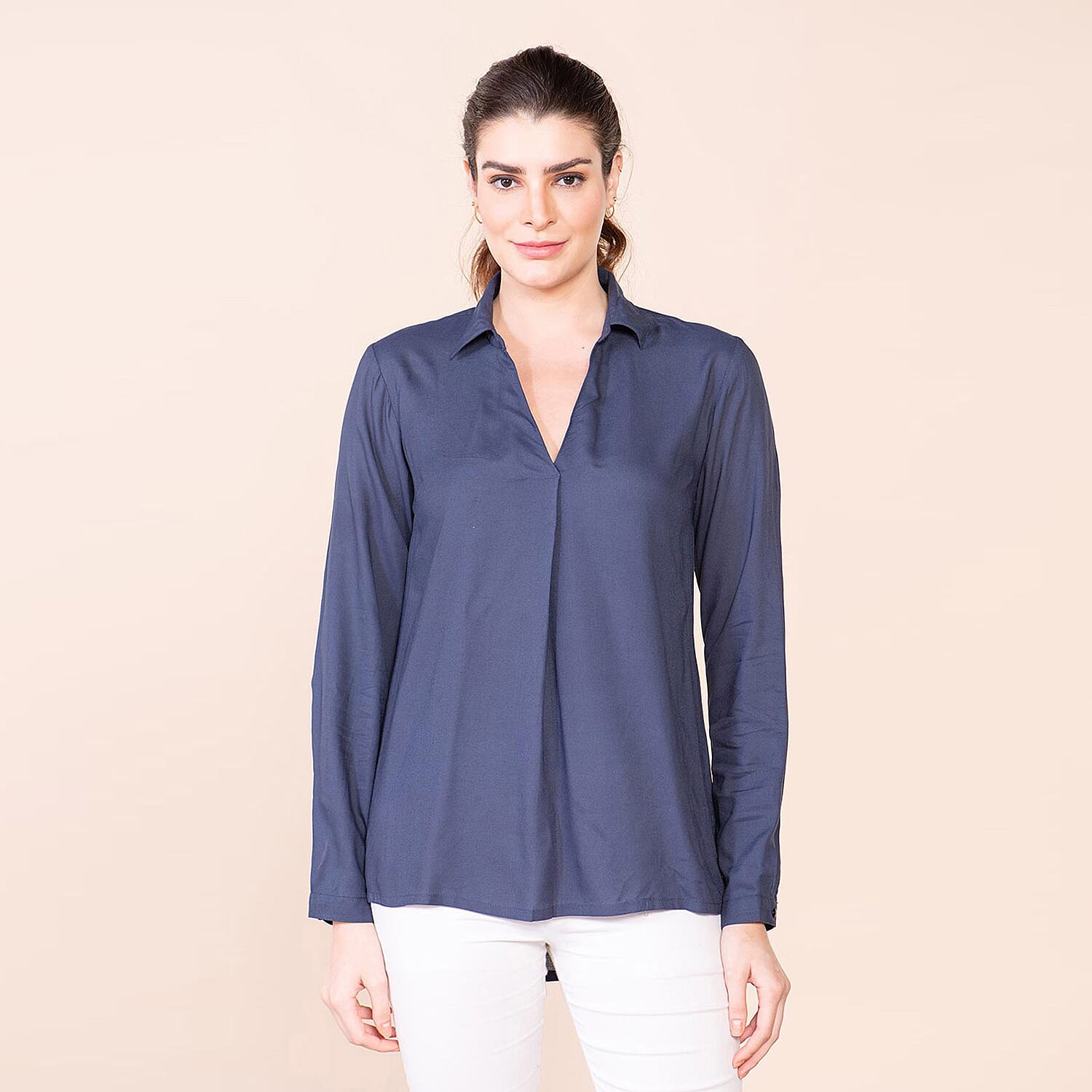 TAMSY Collared Neck and Long Sleeve Women's Shirt - Navy 7837070 0