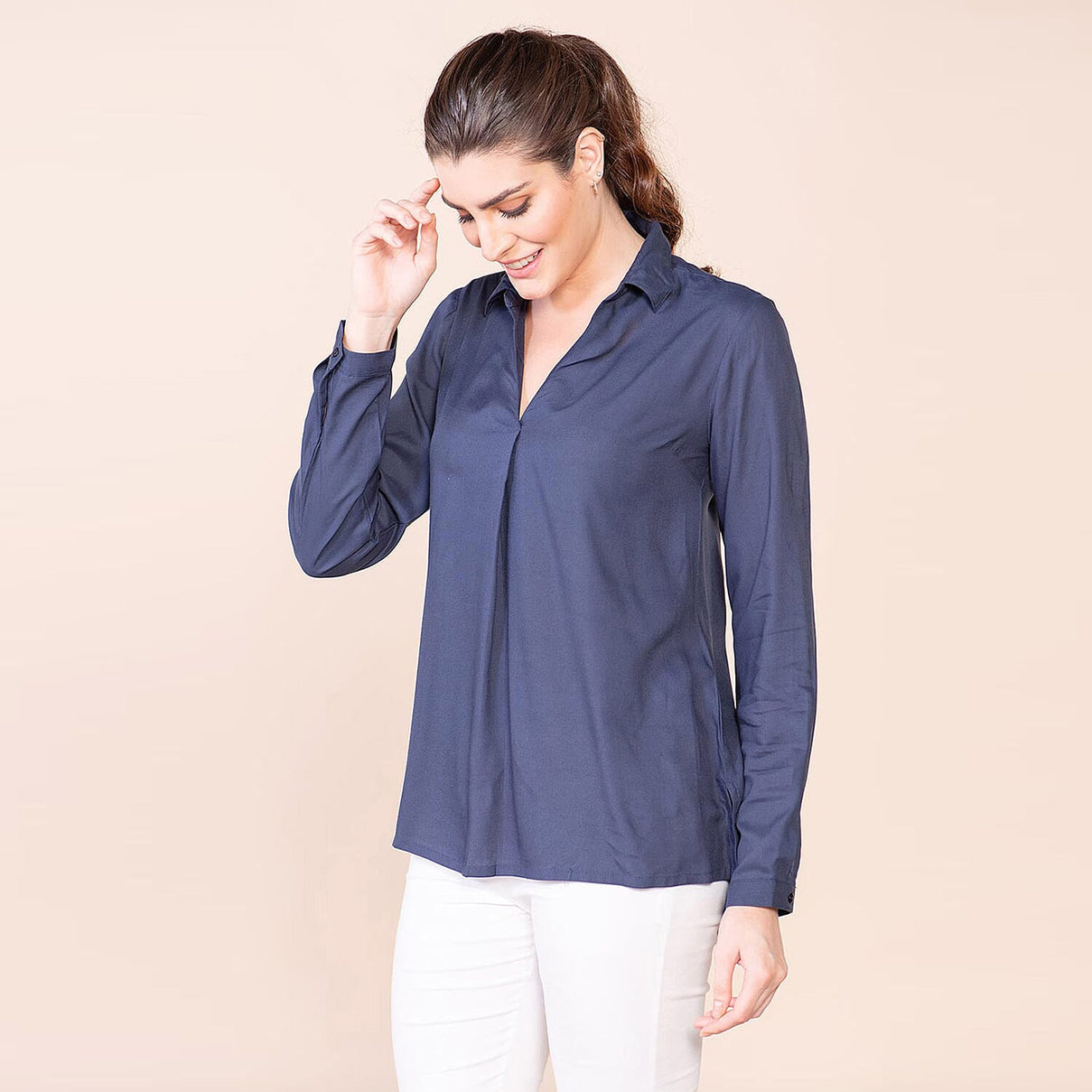 TAMSY Collared Neck and Long Sleeve Women's Shirt - Navy 7837070 3