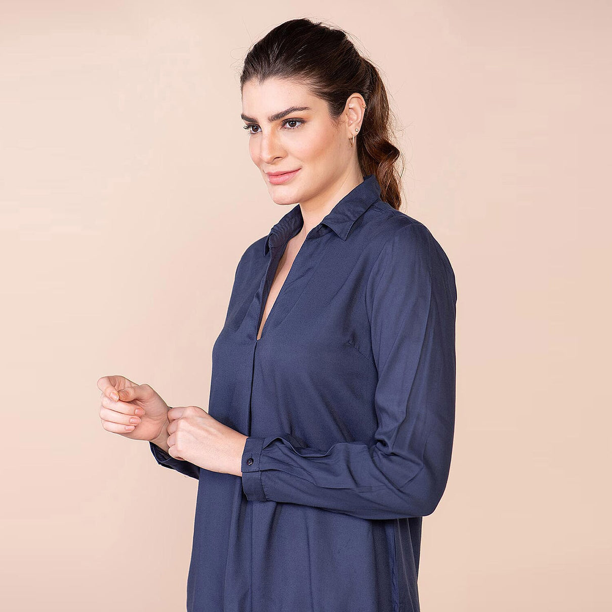 TAMSY Collared Neck and Long Sleeve Women's Shirt - Navy 7837070 4