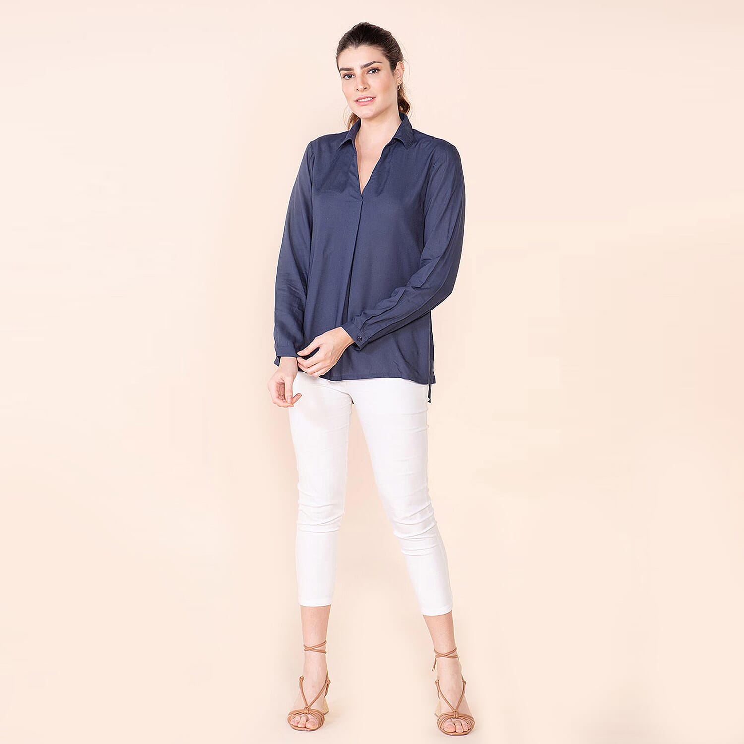 TAMSY Collared Neck and Long Sleeve Women's Shirt - Navy 7837070 5