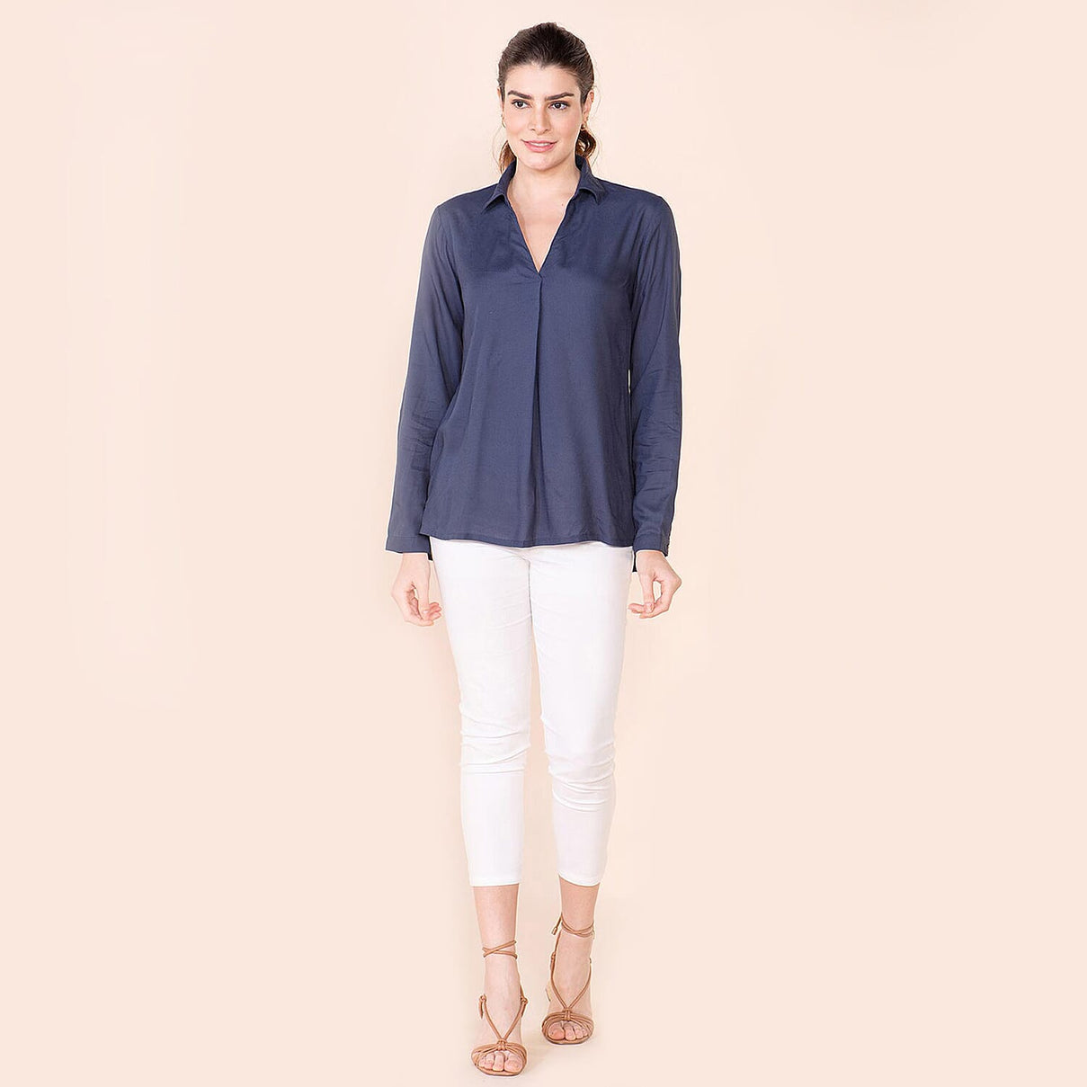 TAMSY Collared Neck and Long Sleeve Women's Shirt - Navy 7837070 6