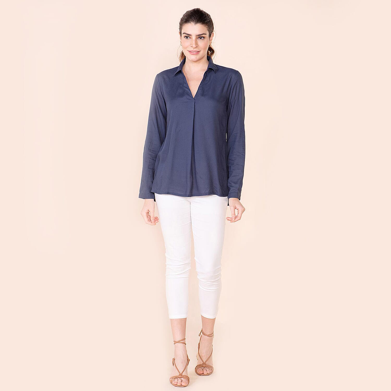 TAMSY Collared Neck and Long Sleeve Women's Shirt - Navy 7837070 6