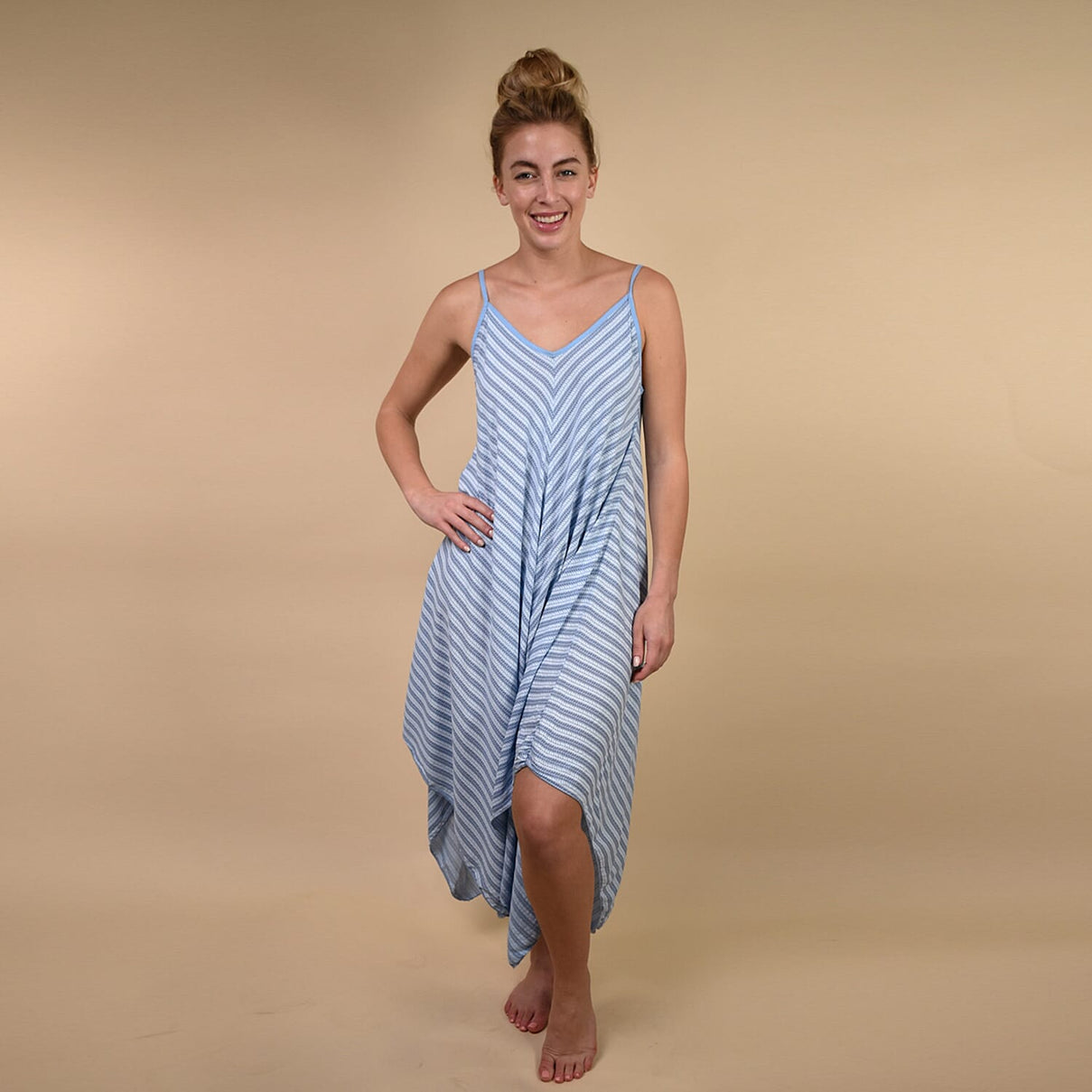 TAMSY Dipped Hem Herringbone Pattern Women's Dress - Denim Blue 6345922 1