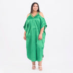 Leaf Embroidered Neck Satin Kaftan (One Size, 8-18) - Green and Gold