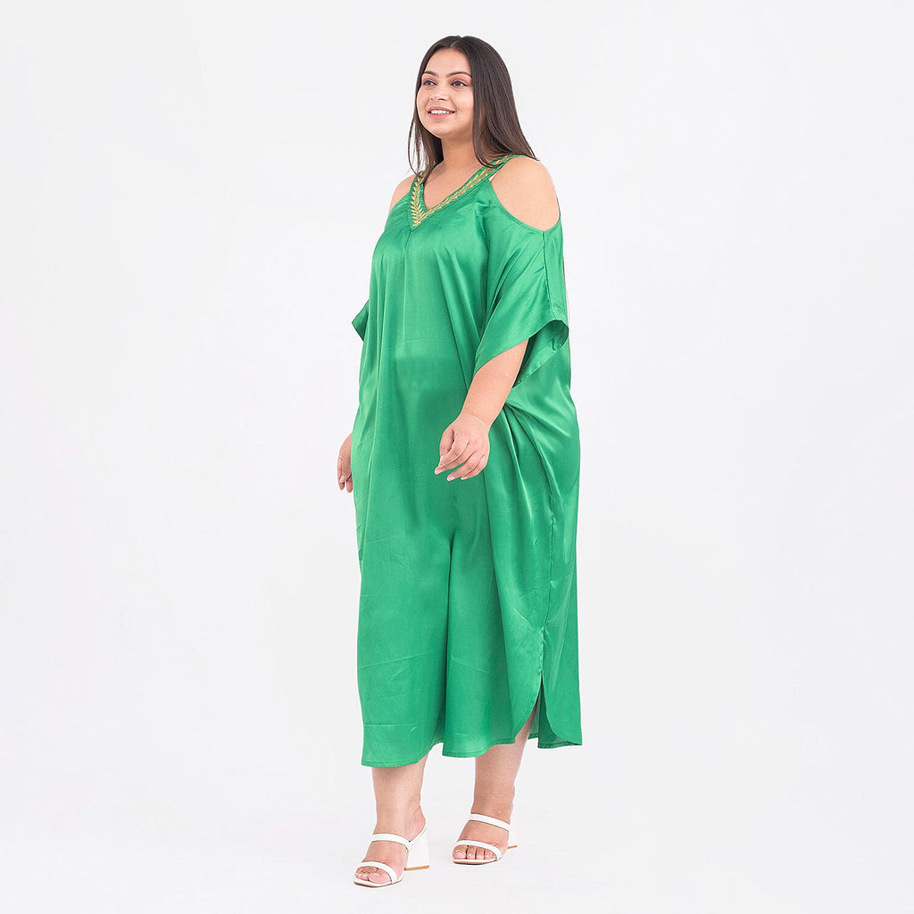 Leaf Embroidered Neck Satin Kaftan (One Size, 8-18) - Green and Gold