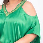 Leaf Embroidered Neck Satin Kaftan (One Size, 8-18) - Green and Gold