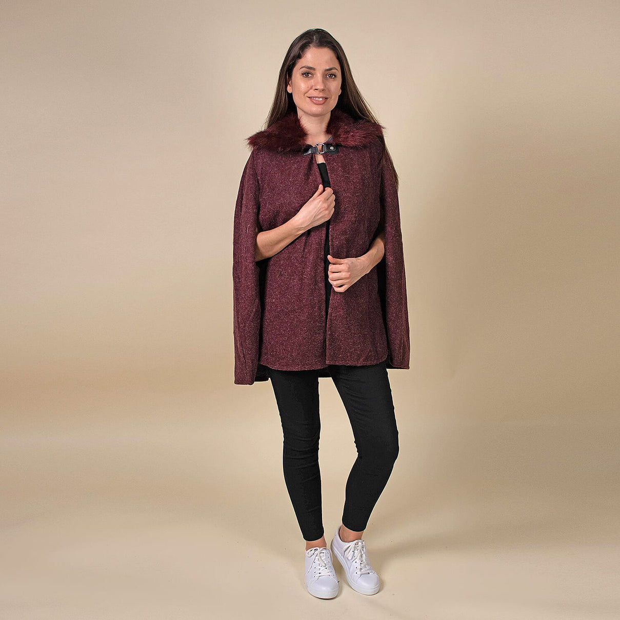 TAMSY Faux Fur Collar Women's Cape - Burgundy 7603509 0