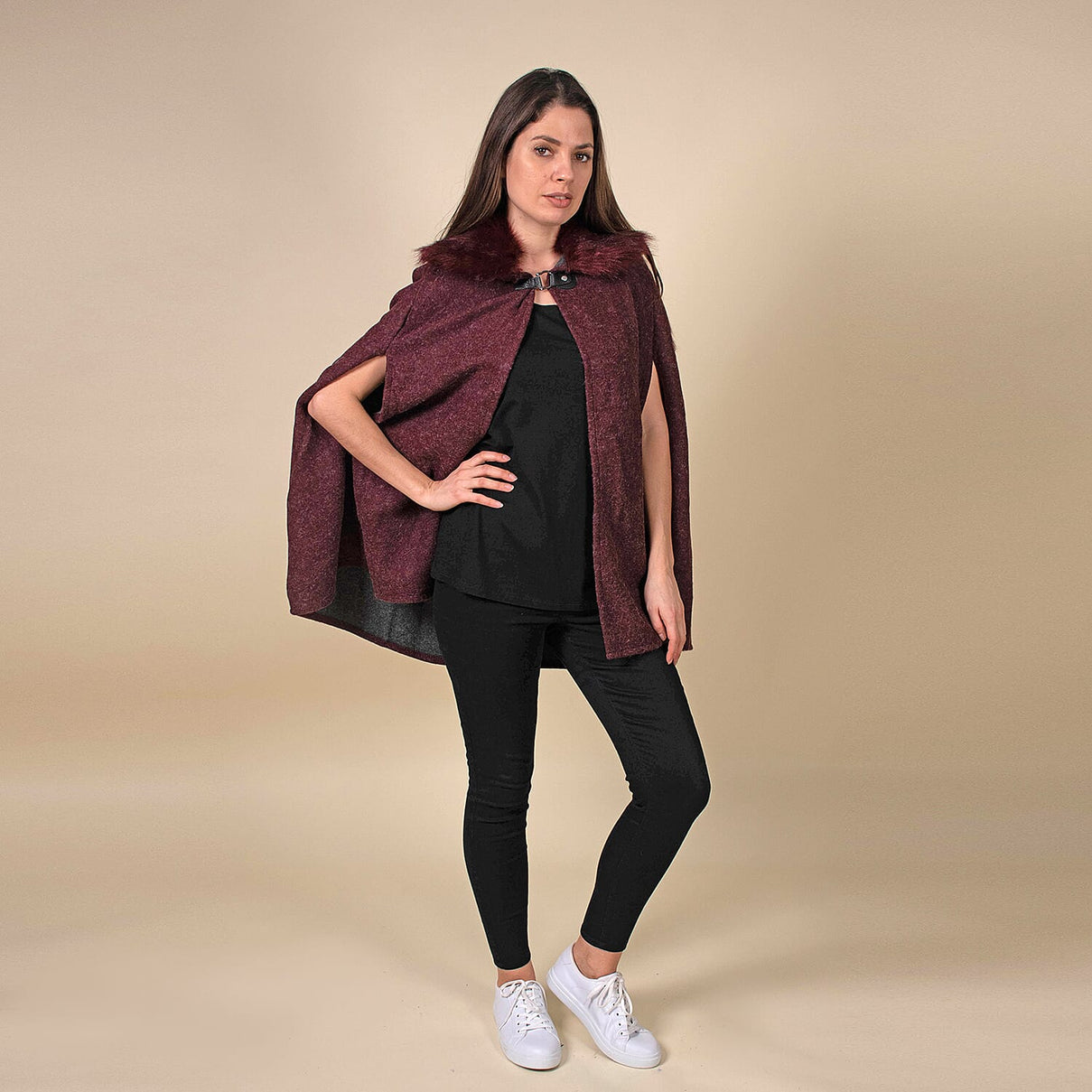 TAMSY Faux Fur Collar Women's Cape - Burgundy 7603509 3