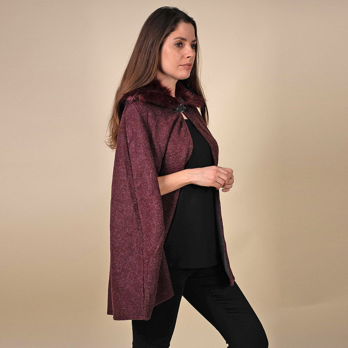 TAMSY Faux Fur Collar Women's Cape - Burgundy 7603509 4