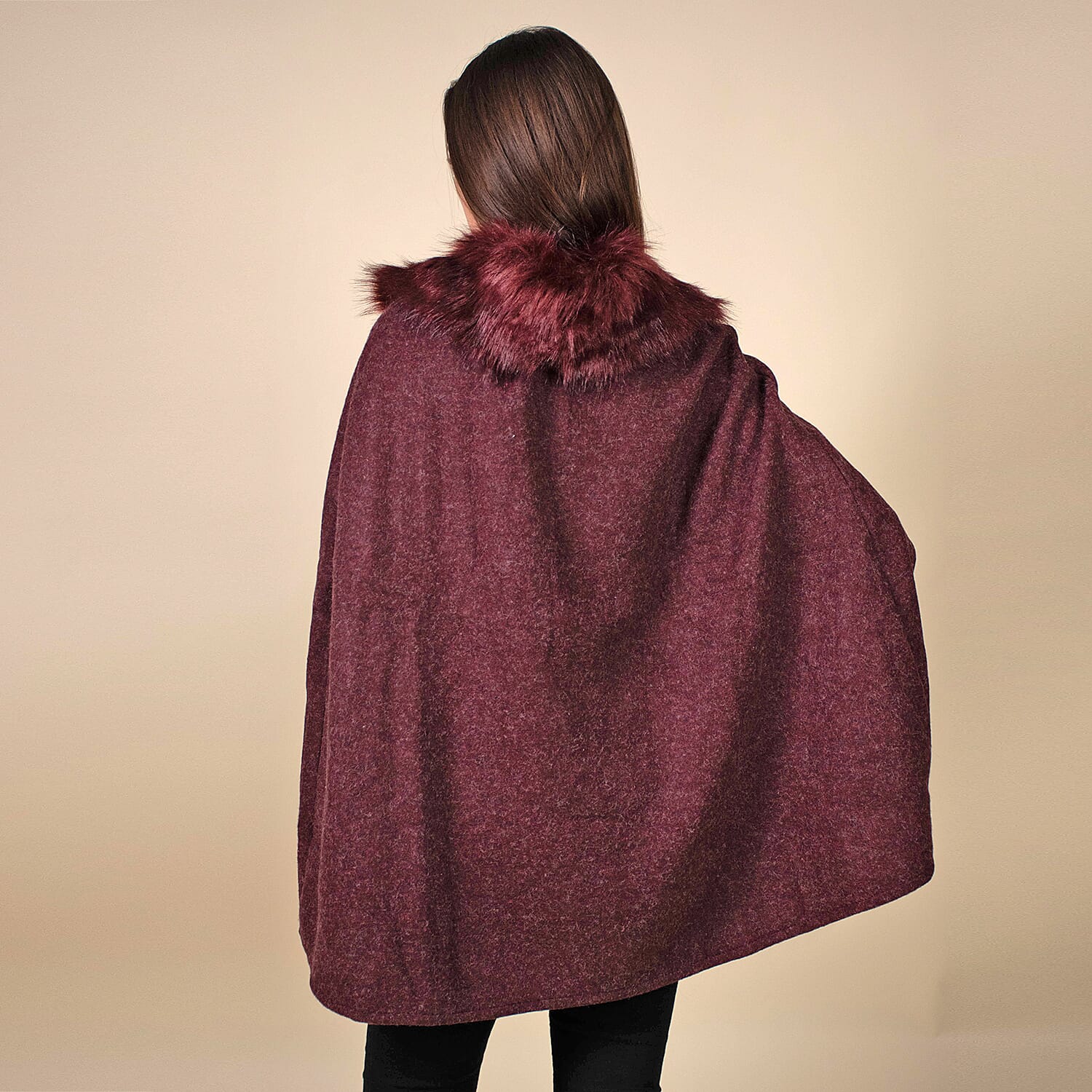 TAMSY Faux Fur Collar Women's Cape - Burgundy 7603509 5